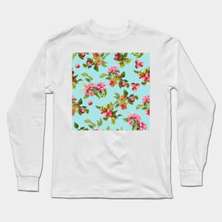 Watercolor small apple tree branch on blue Long Sleeve T-Shirt